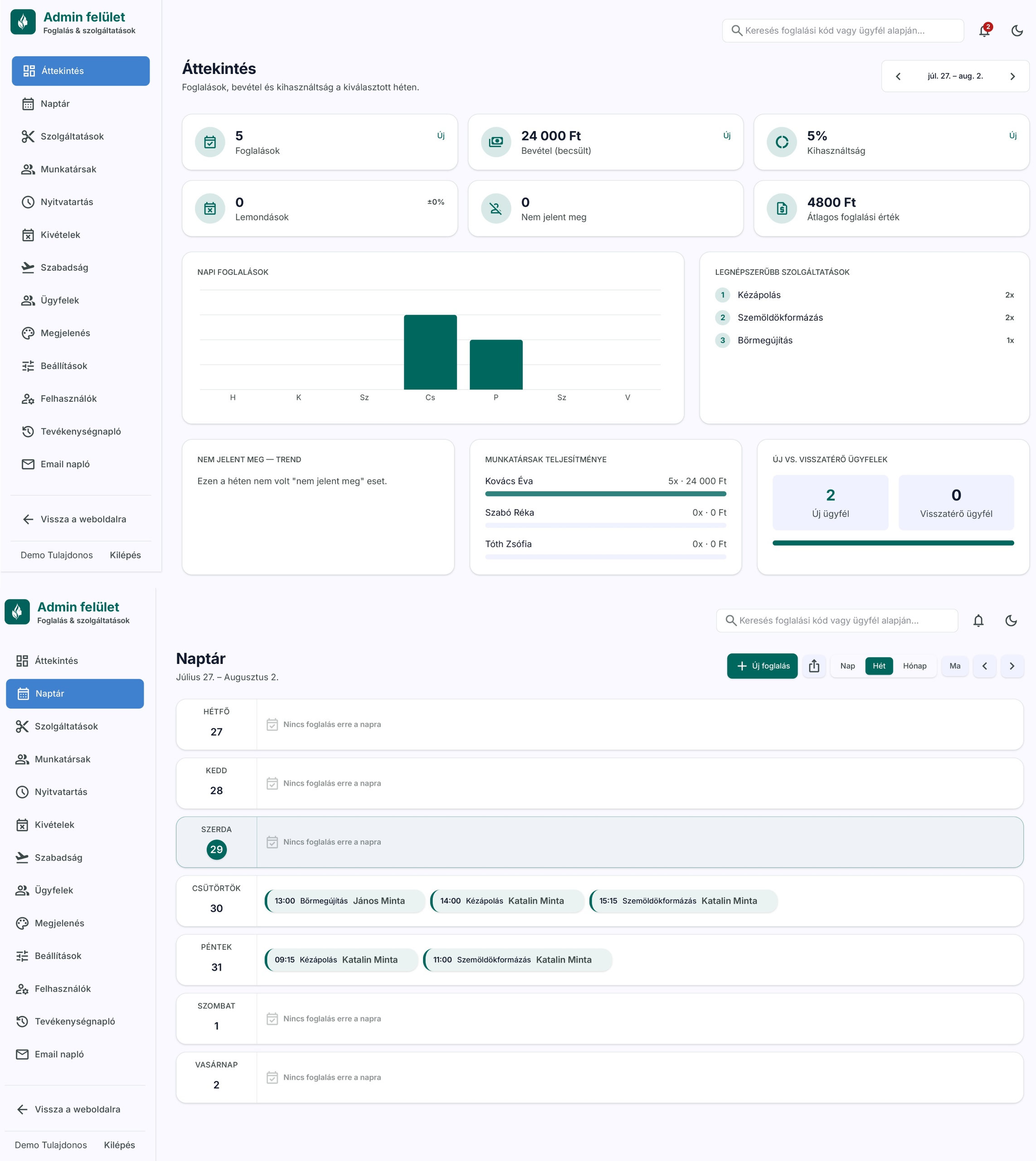 Admin dashboard – foglalások kezelése
